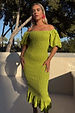 Olive Jojo midi dress with gold fleck print, featuring a shirred body and off-the-shoulder puff sleeves.