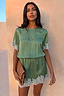 Thumbnail for Green Lace Mini Dress with cream lace trims, an elasticated waist and shift silhouette, styled with a leopard print clutch.