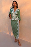 Thumbnail for Green Lace Wrap Midi Skirt with cascading contrast lace detail, styled as a co-ord for a special occasion.