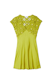 Green Shell Mini Elodie Dress featuring a crochet knit bodice with shell charms and a lime green satin skirt.
