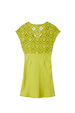 Green Shell Mini Elodie Dress in a lime tone, featuring a delicate crochet bodice and a lightweight satin skirt.