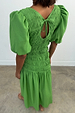 Green Shirred Nara Dress with a multi-wear tie-neck, puffed sleeves and shirring, designed in London.