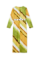 Green Ombre Alba Dress in cotton-linen with earthy tones, long sleeves and stone-beaded waist cut-out.