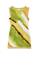 Green Ombre Deia Dress featuring earthy green and yellow watercolour tones with textured raffia trim.