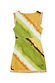 Green Ombre Deia Dress in cotton and linen with green and yellow diagonal stripes and textured raffia fringe trim.