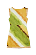 Green Ombre Deia Dress in cotton and linen with green and yellow diagonal stripes and textured raffia fringe trim.