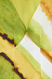 Green Ombre Deia Dress detail showing the earthy green and yellow abstract print and V-neckline.