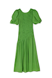 Green Shirred Nara Dress with an elasticated bodice, short puffed sleeves and a flowing pleated midaxi skirt.