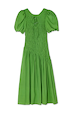 Green Shirred Nara Dress featuring a multi-wear tie neck, elastic shirring, puff sleeves and a flowing pleated skirt.