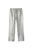 Thumbnail for Gunmetal vegan leather trousers with a metallic finish and straight-leg fit, shown from the back.