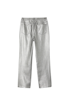 Gunmetal vegan leather trousers with a metallic finish and straight-leg fit, shown from the back.