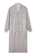 Gunmetal Sequin Lila Shirt Dress with a silver sequinned panel and button-up front in a grey longline style.