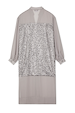 Gunmetal Sequin Lila Shirt Dress featuring shimmering silver sequins and a relaxed longline silhouette.
