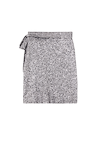 Gunmetal Sequin Mini Jaspre Skirt featuring silver shimmer and wrap tie fastening on a white background.