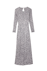 Gunmetal Sequin Soho Dress featuring a shimmering grey finish, long sleeves, and a keyhole back detail.