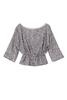 Gunmetal Sequin Tilly Top with wide sleeves and a gathered waist, shown as a flat lay on a white background.