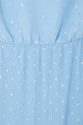 Ice Blue Plisse Tilly Dress detail featuring silver metallic flecks and an elasticated waist on pleated fabric.