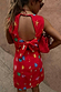 Red Shell Ioana Mini Dress in cotton-linen with a multicoloured shell print and open back tie detailing.