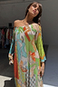 Thumbnail for Multi-coloured Isla Jem Dress in stretch plisse fabric featuring hand-painted Balearic island motifs.