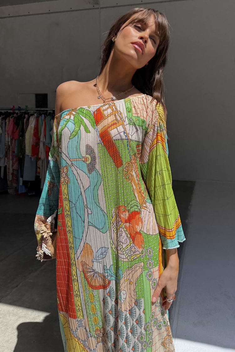 Multi-coloured Isla Jem Dress in stretch plisse fabric featuring hand-painted Balearic island motifs.
