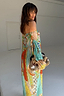 Isla Jem Dress in multi-colour stretch plisse featuring hand-painted motifs and an off-the-shoulder fit.