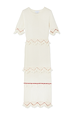Ivory and Red Harper Dress in cream cotton knit with scallop crochet details, red beading, and tiered tassels.