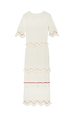 Ivory and Red Harper Dress in cream cotton knit with scallop crochet trims and red beaded tassel detailing.