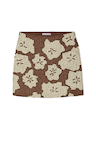 Brown Jaden Beaded Skirt featuring cream floral beading and a mini silhouette in a cotton-flax blend.