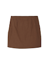 Brown Jaden Beaded mini skirt in a cotton-flax blend featuring back darts and floral beadwork along the side seams.