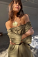Thumbnail for Khaki Ella Dress in a green linen blend with a ruffled neckline styled off-the-shoulder.