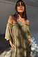 Khaki Ella Dress in a linen blend featuring a ruffled off-shoulder neckline and side pockets.