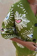 Khaki Eye Cardigan featuring iconic NFD eye and heart motifs on green knitwear with button-up detail.