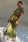 Khaki Shell Midi Dress with gold seashell prints and a wrap tie waist, designed for inclusive sizing.