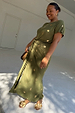 Khaki Shell Midi Dress with gold seashell prints and a wrap tie waist, designed for inclusive sizing.