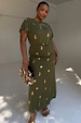 Khaki Shell Midi Dress with a gold seashell print and relaxed silhouette in soft stretch fabric.