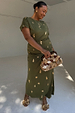 Khaki Shell Midi Dress in a soft stretch fabric with a gold seashell print and ruched waist detail.