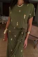 Thumbnail for Khaki Shell Midi Dress featuring a gold shell print and multi-wear tie waist detail.
