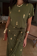 Khaki Shell Midi Dress featuring a gold shell print and multi-wear tie waist detail.