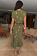 Thumbnail for Khaki Shell Midi Dress featuring gold seashell prints and short sleeves, shown from the back in a relaxed fit.