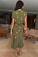 Khaki Shell Midi Dress featuring gold seashell prints and short sleeves, shown from the back in a relaxed fit.