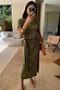 Khaki Shell Midi Dress with gold seashell print, featuring a tie-waist detail and relaxed silhouette.