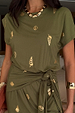 Khaki Shell Midi Dress with a metallic gold seashell print and wrap tie-waist detail.