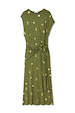 Khaki Shell Midi Dress featuring gold seashell prints and a side tie-waist detail in a stretch viscose fabric.