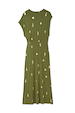 Khaki Shell Midi Dress featuring a gold seashell print, an elasticated waist and a relaxed midi silhouette.