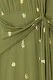 Khaki Shell Midi Dress detail featuring gold seashell prints and a side-tie waist on green fabric.
