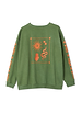 Khaki Sweatshirt with orange sun and snake embroidery on the back and signature graphic motifs along the sleeves.
