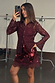 Burgundy lace shirt with flared cuffs and matching sequin mini skirt, shown in a mirror selfie.