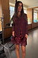 Thumbnail for Burgundy Lace Shirt in delicate lace with flared cuffs, paired with a sequin skirt on a 5ft3” UK size 6 model.