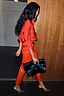 Thumbnail for Deep Red Vegan Leather Trousers with a straight leg fit, paired with a matching red shirt and leopard heels.