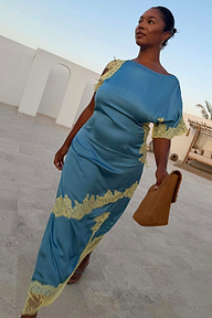 Blue and Lemon Kira Top with contrast lace and an asymmetric hem, highlighting curve fashion and inclusive sizing.